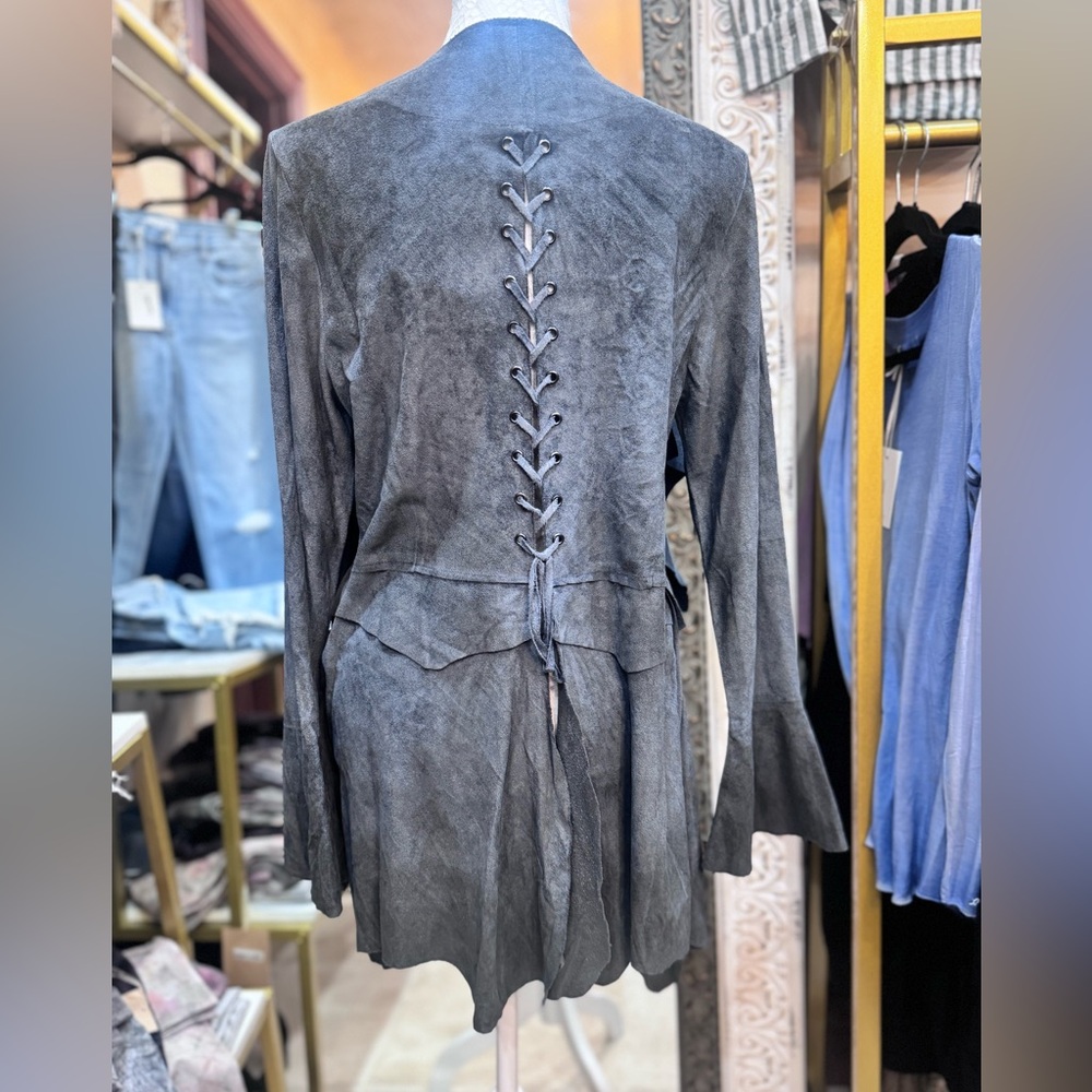 Faux suede jacket with criss cross back